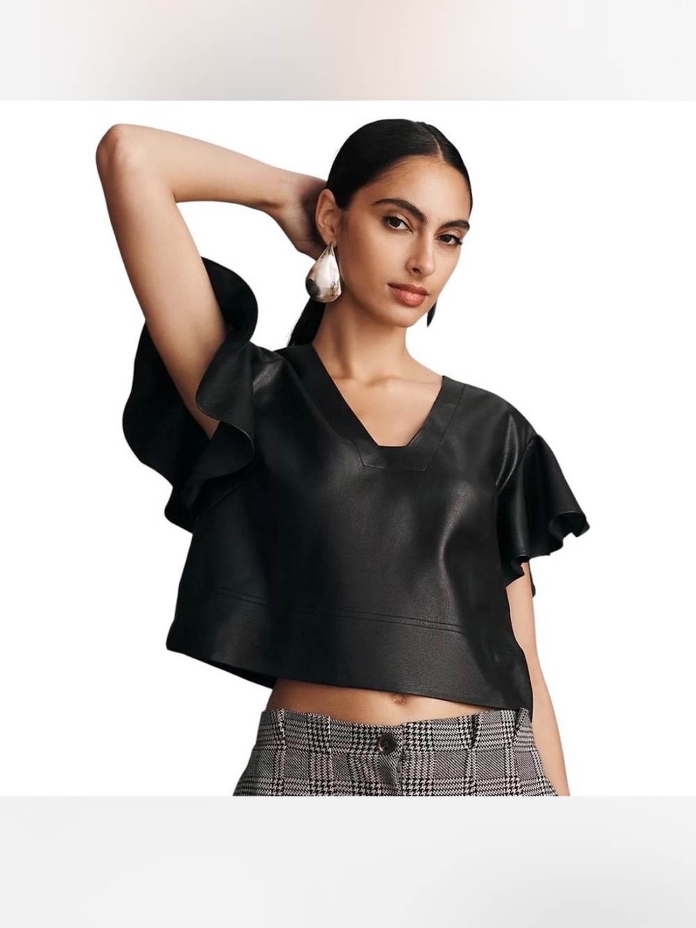 Anthropologie Maeve faux leather flutter sleeve top